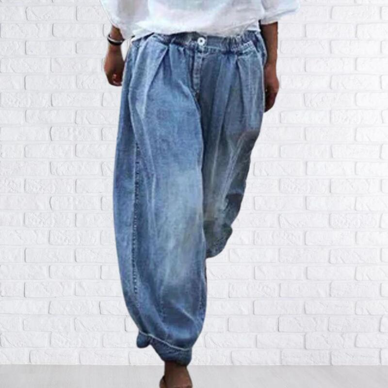 Women Wide Leg Pants Loose Jeans Trousers Spring High Waist Pockets Causal- Denim Pants