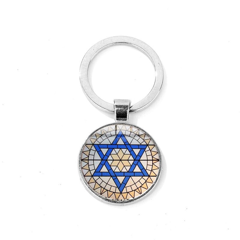Estrela de david padrão na moda chaveiros cúpula de vidro convexo chaveiro seis pontos estrela amuleto religião símbolo pingente jóias presente