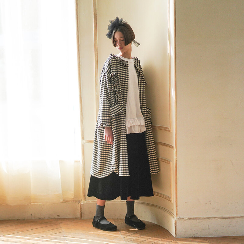Imakokoni 흑백 격자 무늬 코트 원래 디자인 와일드 캐주얼 긴팔 중간 길이 여성 c