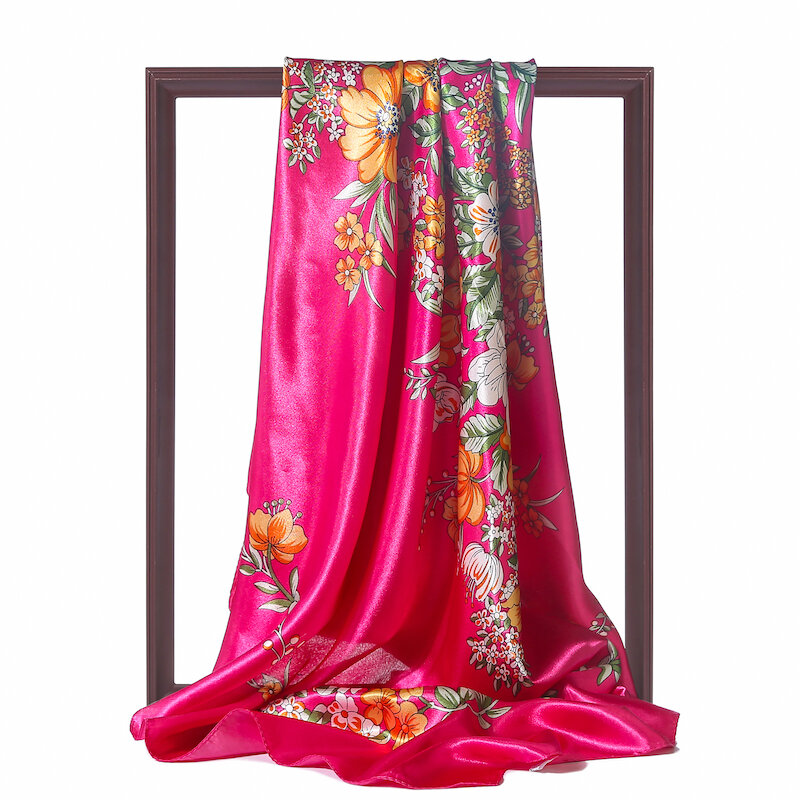 Sping lenço de seda feminino de verão, lenço quadrado hijab de 90*90cm, faixa de cabelo com pescoço, estampa floral, chales, feminino, envoltório elegante