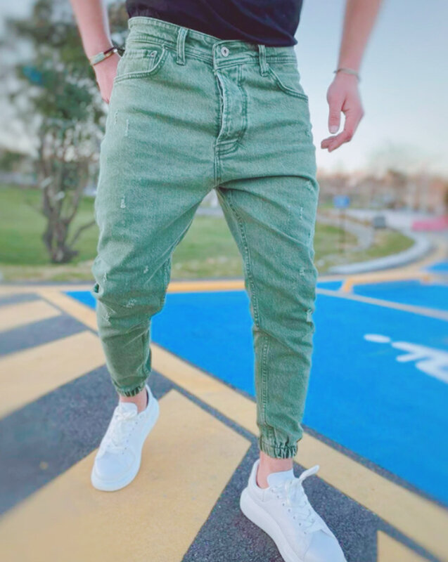 2021 jesień Slim Fit męskie jeansy Pure Color Casual jeansy z elastyczną talią Beam foot spodnie Streetwear Jogger spodnie dżinsowe męskie