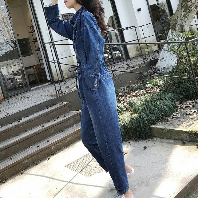 Boyfriend Style Cargo Overalls One Piece Sleeve Women Denim Loose Jeans Bib Overall Casual Lace Up Long Jumpsuit