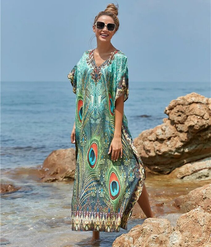 Szybkoschnąca osłona do Bikini pawie nadruk z piór dekolt w szpic tunika plażowa na lato damskie kostiumy kąpielowe Kaftan Robe De Plage