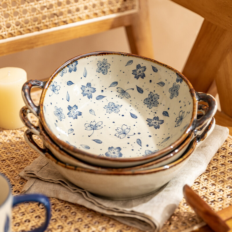 Японская Бытовая миска для лапши, 7,5 дюйма, керамическая миска для супа с ручкой, миска для салата и макаронных изделий, кухонная посуда, посуда для микроволновки и печи