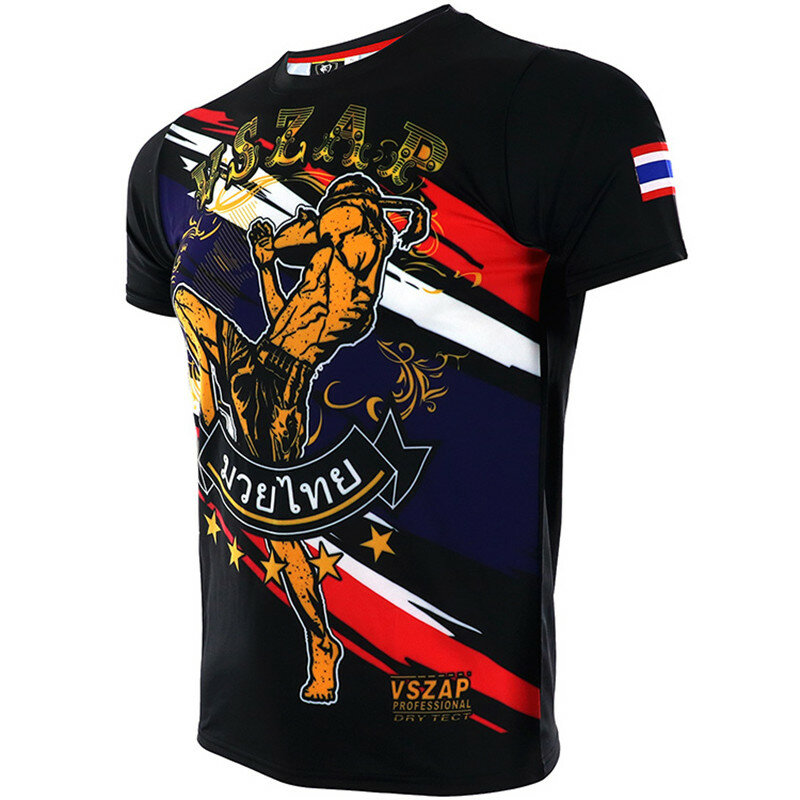 Men Tshirt VSZAP Quick Dry New Muay Thai Broadcasting Sanda Fighting T-Shirt Elastic Cotton UFC Fighting T Shirt MMA