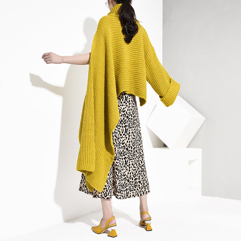 [Eam] amarelo irregular tamanho grande tricô camisola solto ajuste gola alta manga longa pullovers feminino nova moda primavera 2021 wj038