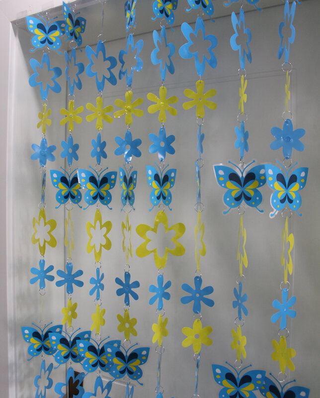 Cortina de puerta de plástico de dibujos animados de PVC, decoración de habitación de niños, Partición de color azul, mariposa, lentejuelas