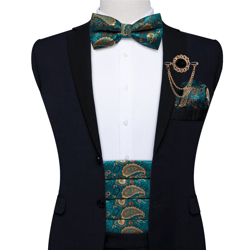 Teal Paisley Men's Tuxedo Cummerbund Silk Bow Tie Set Man Wedding Dress Waist Elastic Waistband For Men Tuxedo Wide Belt DiBanGu