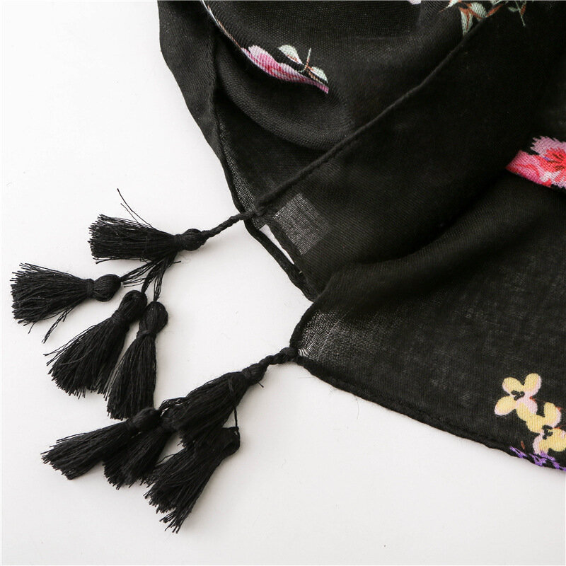 Écharpe Vintage en coton noir pour femmes, imprimé multi-fleurs, Pashmina, protection solaire, glands, châle, nouvelle mode, 2020