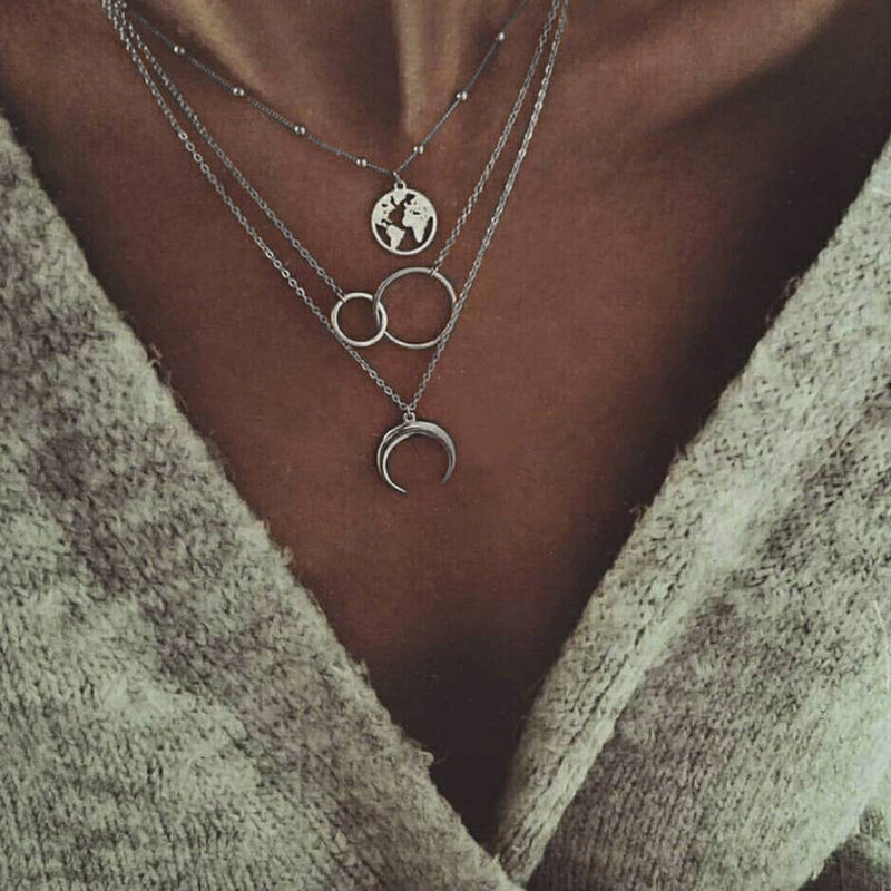 Bohemian Fashion Moon Circle Map Pendant Necklace for Women Jewelry Earth Choker Multilayer Bijoux Collares Mujer Collier Femme