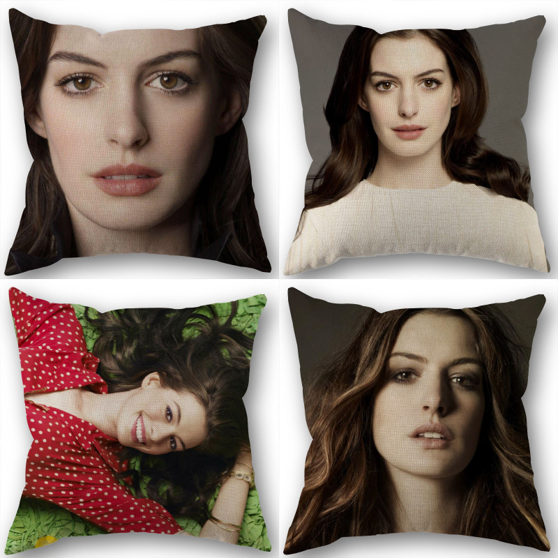 Anne Hathaway-funda de almohada cuadrada de tela de lino y algodón, cubierta de almohada con cremallera para decoración del hogar y boda, 45x45cm, no se decolora, 1210