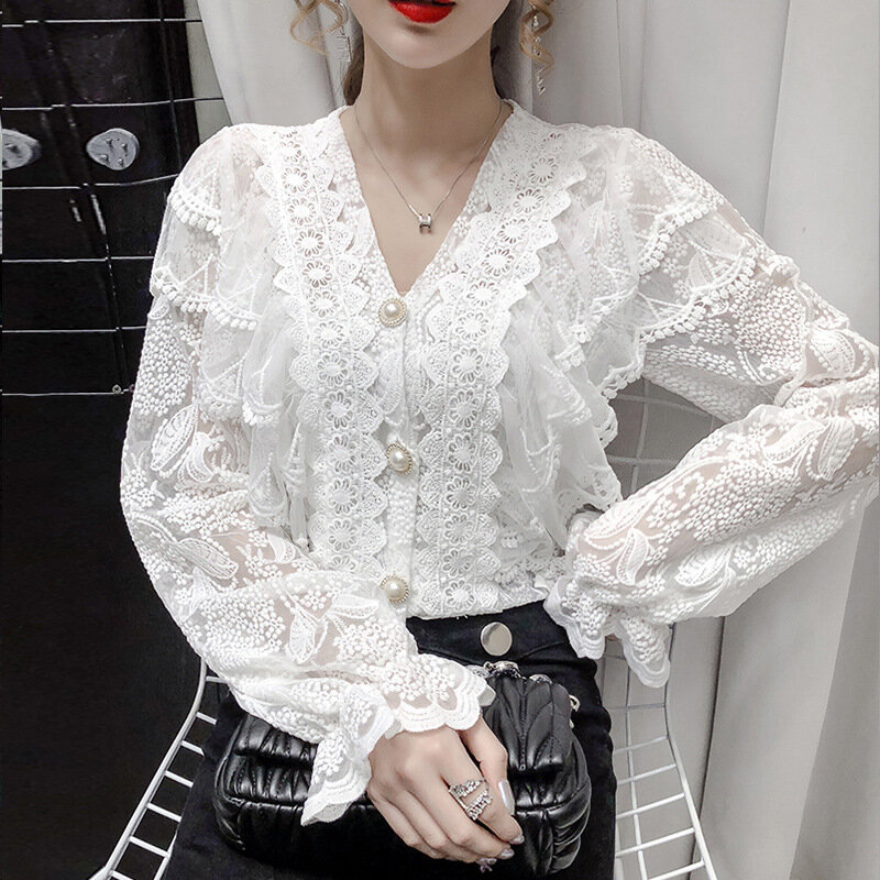Blusa feminina bordada com renda plissada e decote em v, camisa de manga longa para mulheres, estilo estrangeiro, com trompete, outono 2020