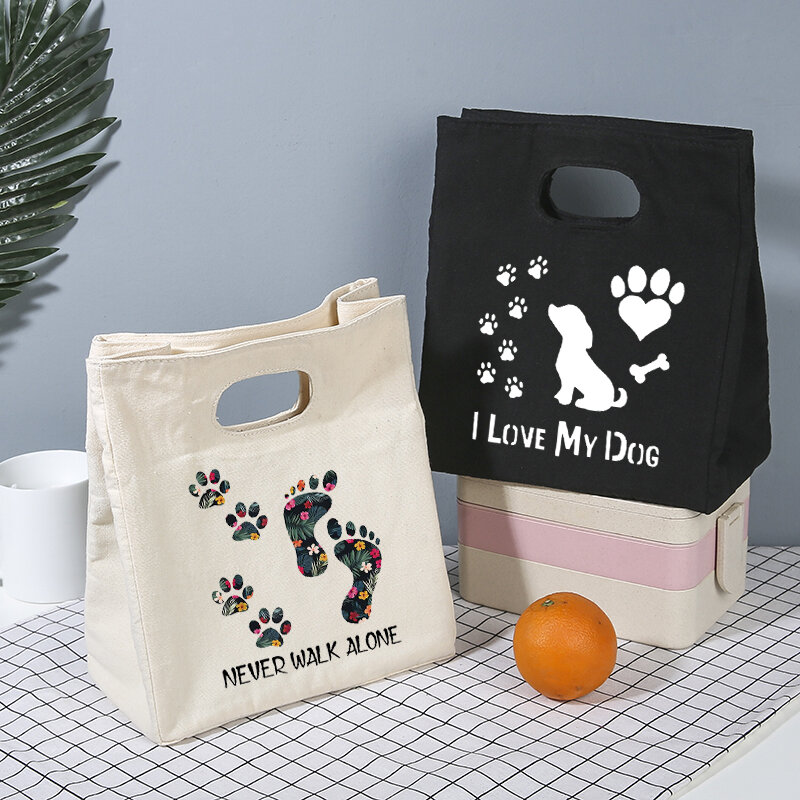 I Love My Dog Paw Functional Pattern Cooler Lunch Box Bag Portable Insulated Canvas Bento Bags Thermal Food Picnic Storage Totes