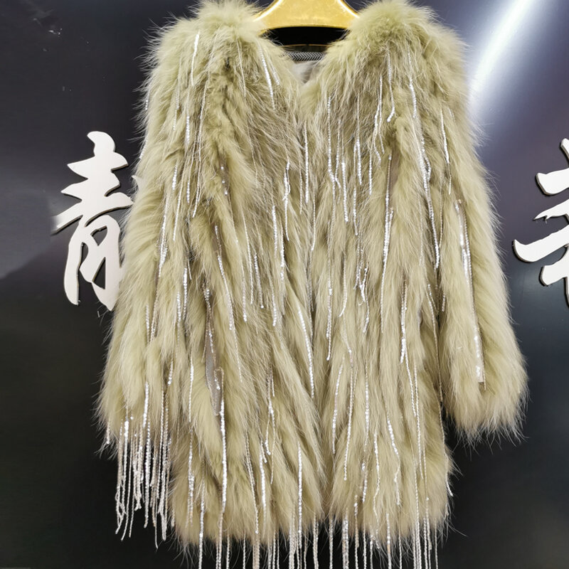 Длина 70 см реального пальто с мехом для женщин трикотажные натурального меха лисы верхняя одежда новые модные стиль женские пальто из меха енота нетканого материала с куртка с бахромой