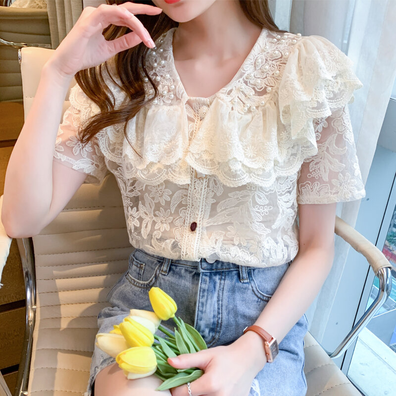 Novo verão camisa de renda moda doce plissado costura feminina topos novo  bordado transparente floral talão manga curta blusa 14767 / Camisas e blusas