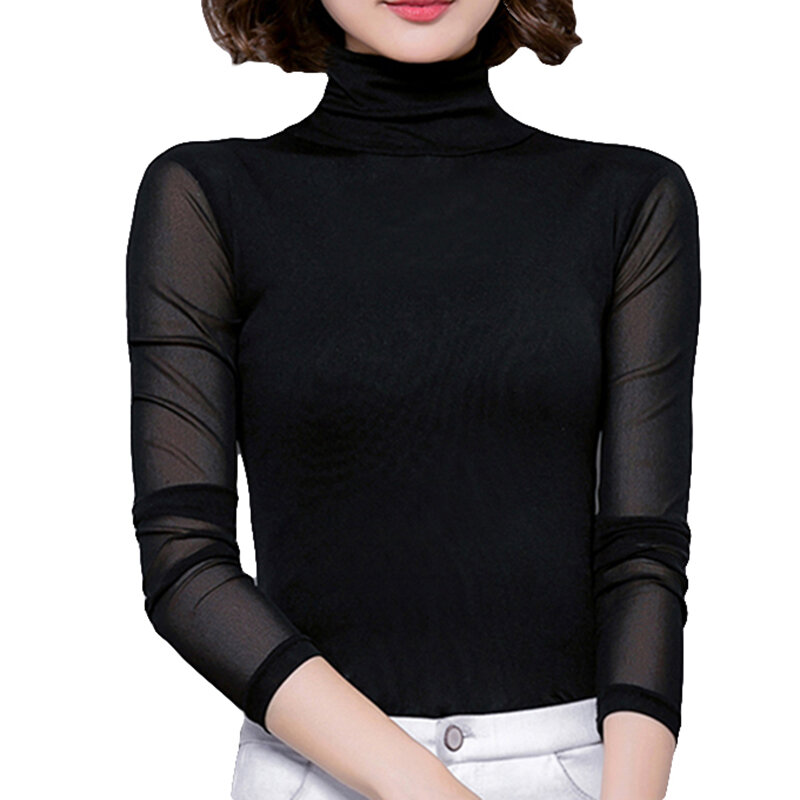 Blusa De malla con cuello alto para Mujer, camisa negra elástica De manga larga, informal, Sexy, a la Moda