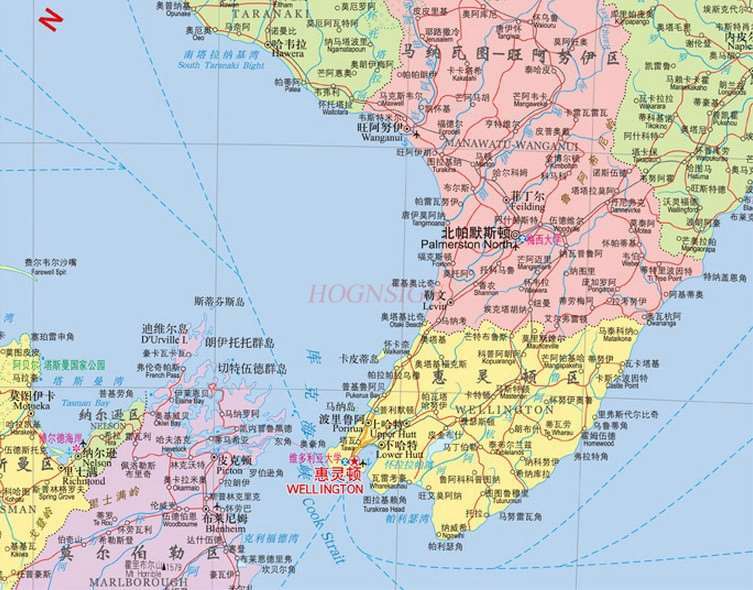 Карта Новой Зеландии на китайском и английском языках, карта горячих стран, дорожные туристические достопримечательности