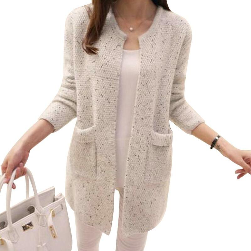 Moda cálida de invierno para mujer, suéter tejido con bolsillos de Color liso, chaqueta de túnica