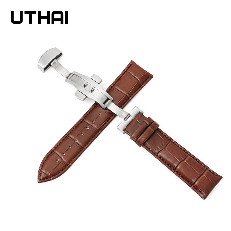 UTHAI Z09 Plus – correas de reloj de cuero genuino, pulsera universal de 12-24mm con hebilla de maripos, correa de hebilla de acero, correa de reloj de 22mm