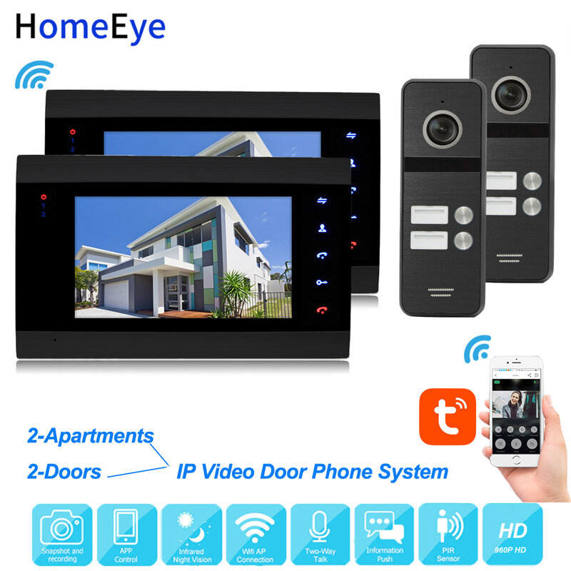 TuyaSmart App ระยะไกล IP วิดีโอ WiFi วิดีโอ Intercom 2-Apartments2-Doors 960P Home Security Access Control System