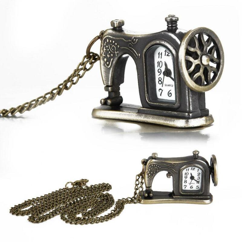 Zegarek na łańcuszku męski zegarek kieszonkowy Vintage Unisex maszyna do szycia łańcuszek z wisiorem naszyjnik analogowy zegarek kieszonkowy kwarcowy prezent dla mężczyzn
