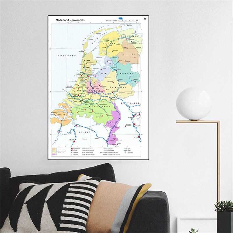Póster de pared con mapa de las ciudades de los Países Bajos, lienzo no tejido, pintura para habitación, decoración del hogar, suministros escolares en holandés, 100x150cm