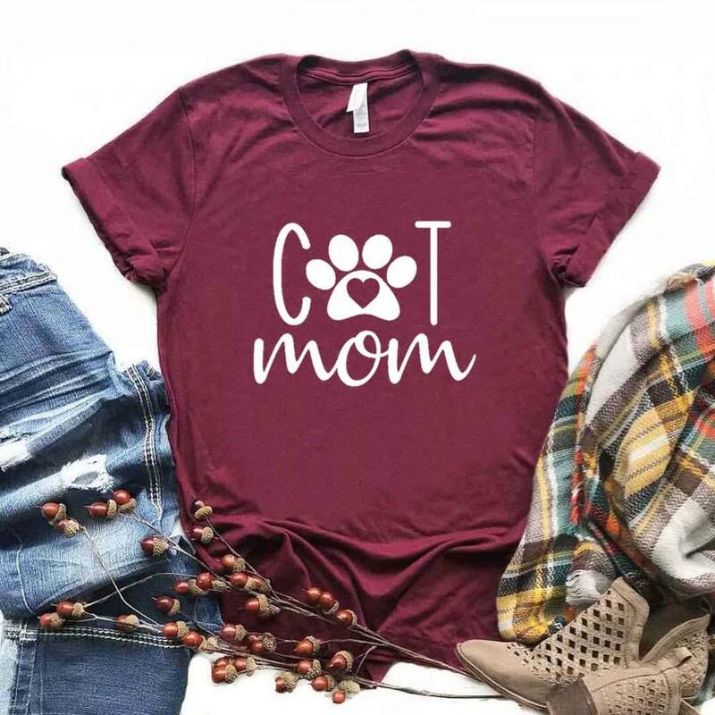 T-shirt humoristique et décontracté pour femme, en coton, 6 couleurs, avec chat, maman et patte imprimées, NA-993