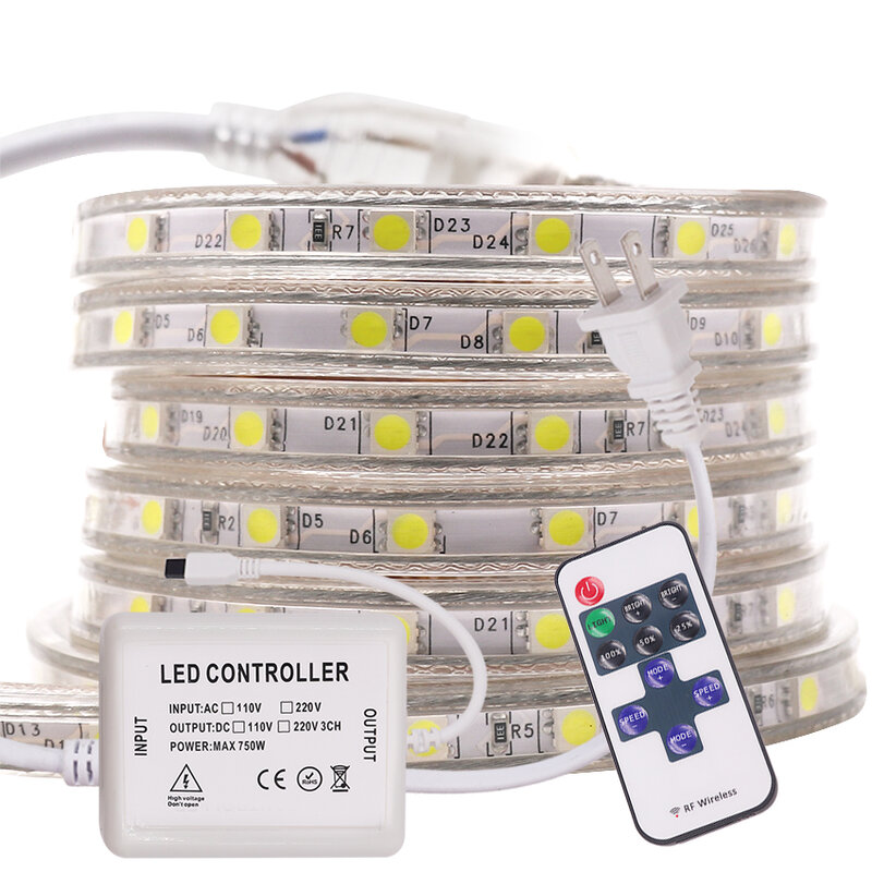شريط إضاءة 220 فولت 110 فولت 5050 شريط إضاءة LED جهاز التحكم عن بعد 60LED/M شريط مرن LED شريط مقاوم للماء تزيين المنزل مع قابس EU/US/UK