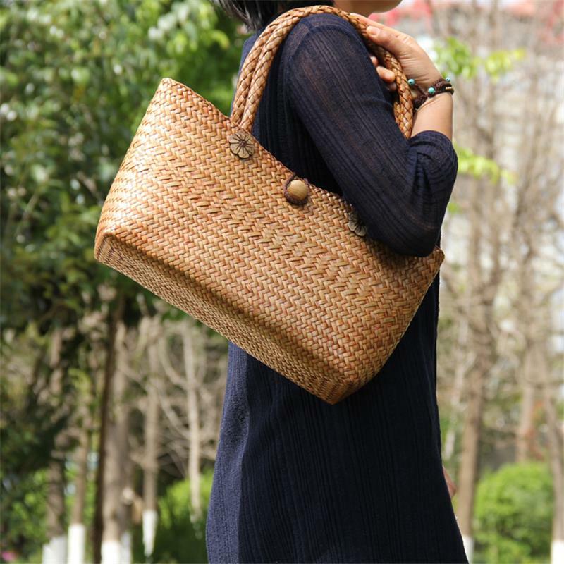 Bolsa de ombro de palha de cor sólida 38x20cm, bolsa feminina de viagem e praia, jardim artesanal de rattan, tecelagem feminina a6100