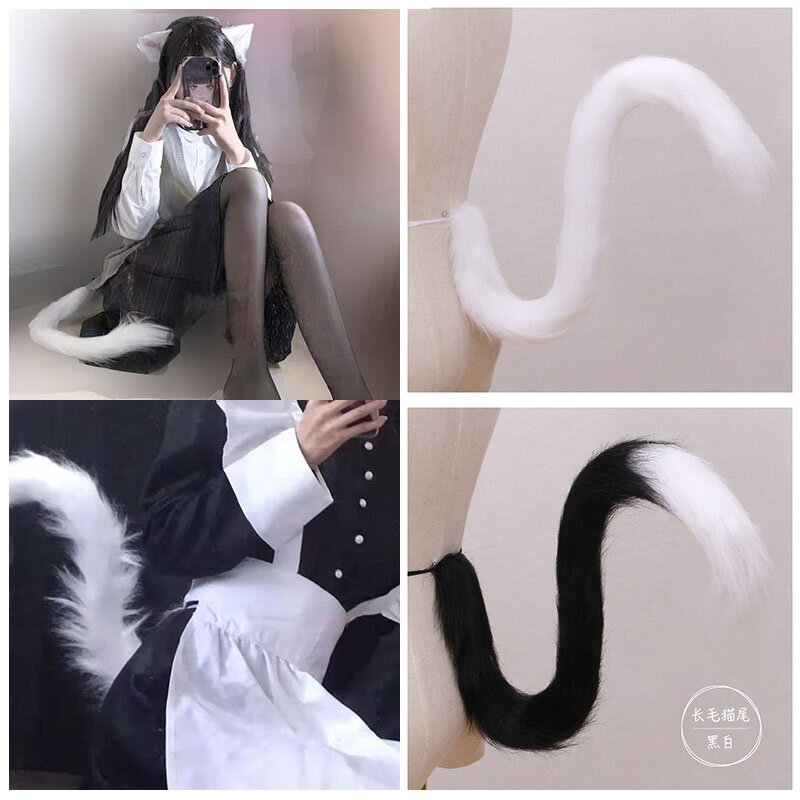 Ekor Kucing Cosplay Ekor Bulu Simulasi Ekor Hewan Hitam Putih Abu-abu Acara Pesta Halloween Telinga Kucing