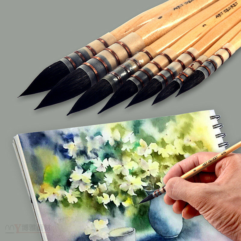Высокое качество белка волос деревянная Бревна ручка круглый набор кистей для рисования профессиональная кисть для рисования Акварельная ...