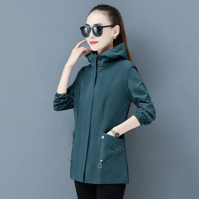 2023 mantel wanita baru atasan jaket bertudung Musim semi musim gugur lapisan jaket penahan angin kasual pendek pakaian luar Casaco Feminino 4XL