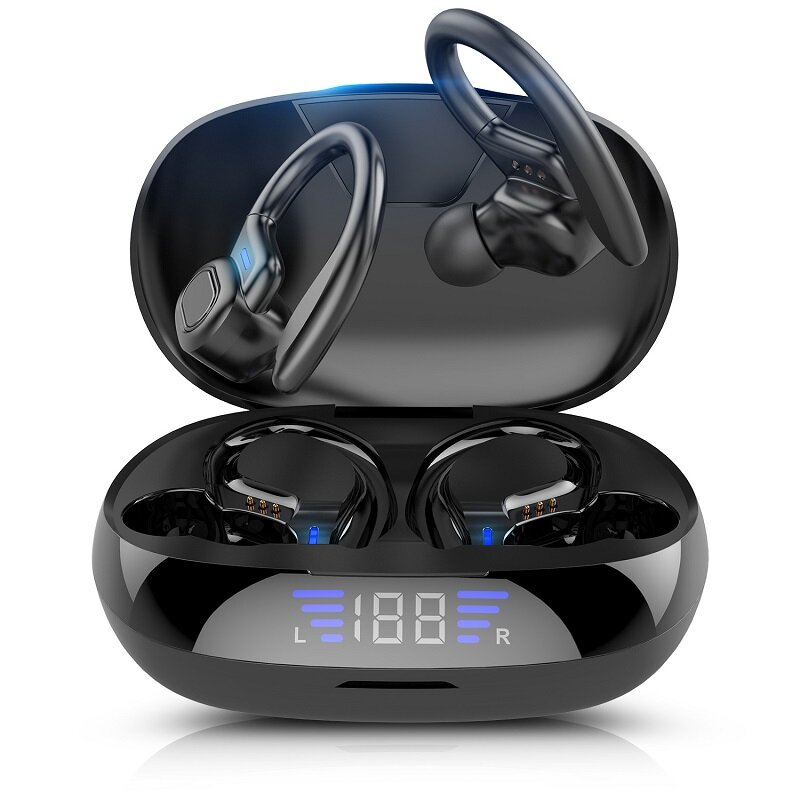 TWS Earphone Bluetooth dengan Mikrofon Olahraga Ear Hook LED Display Headphone Nirkabel HiFi Stereo Earbud Headset Tahan Air