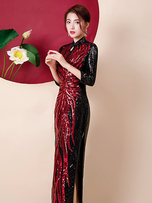 女性の刺繍されたスパンコールのイブニングドレス,サイドスリットチュニック,エレガント,黒,赤,長袖,お茶の長さ,中国,2020