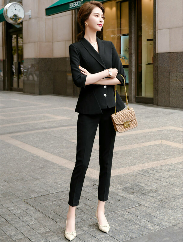คุณภาพสูงผู้หญิงชุดกางเกง2ชิ้นชุด2022ฤดูร้อนใหม่ Elegant สุภาพสตรีสีขาว Blazer แจ็คเก็ตธุรกิจ