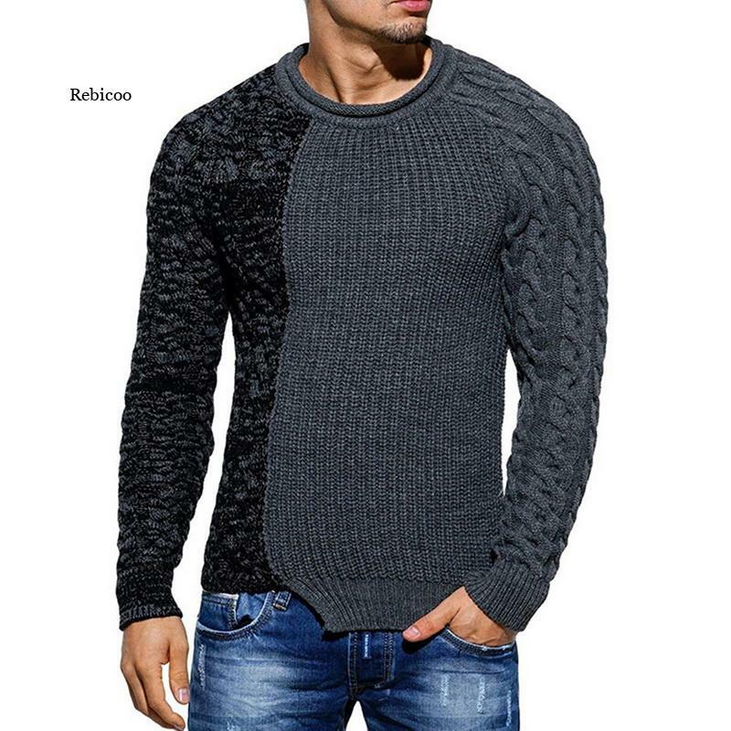 남성 스웨터 패션 라운드 넥 컬러 매칭 긴 소매 야생 풀오버 슬림 패치 워크 스웨터 남성 봄 겨울