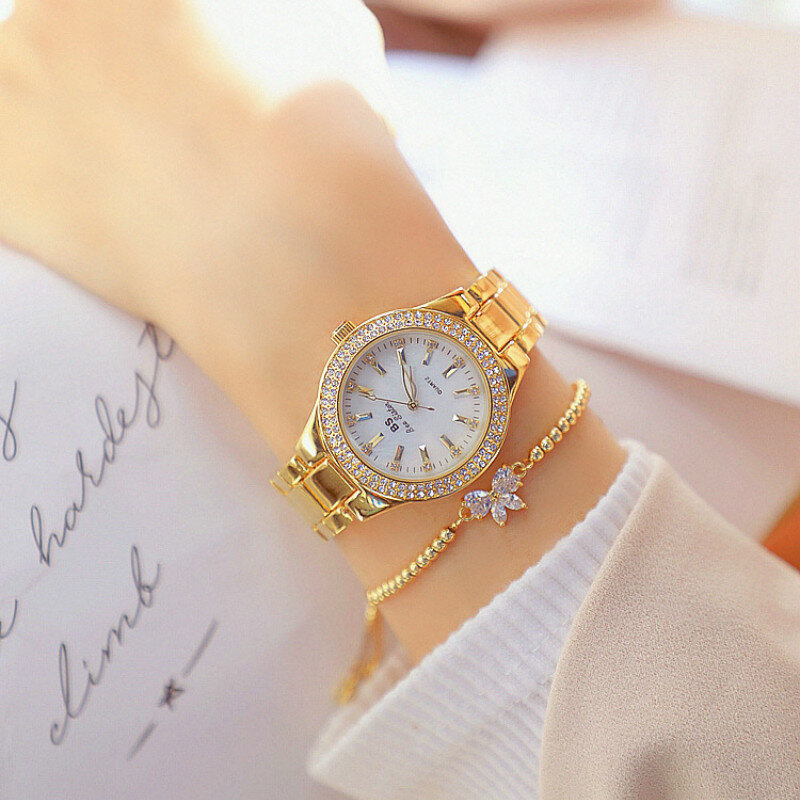 Relojes de cuarzo de lujo para mujer, pulsera femenina de acero inoxidable con diamantes, dorado y plateado, a la moda