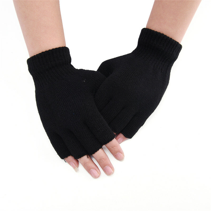 Guantes de entrenamiento cálidos de invierno para mujeres y hombres, guantes de algodón de muñeca de punto de lana, guantes sin dedos negros de medio dedo, 1 par