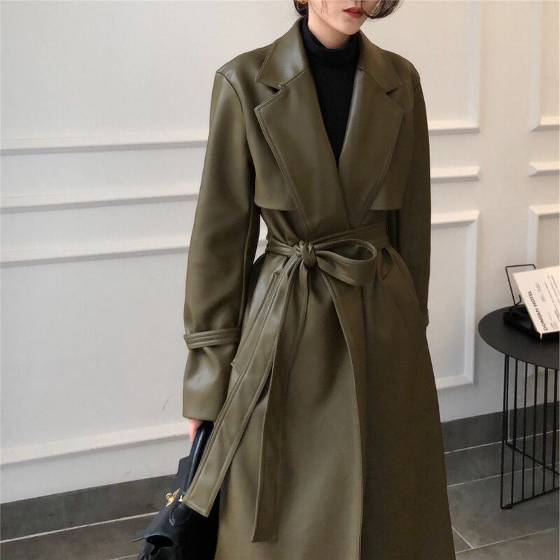 Jaqueta longa de couro falso feminina com cinto, moda elegante, outwear casual, casaco grande, solta, moda, outono, inverno