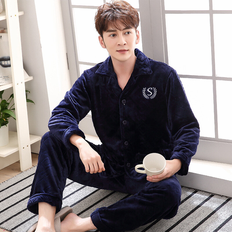 Men Lapel Sleepwear With Buttons Winter 2PCS PJS Sets Casual Flannel Pajamas Thick Warm Home Clothes Warm Intimate Lingerie