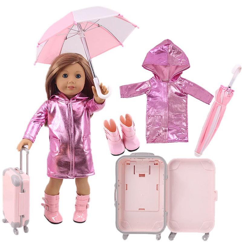 4Pcs = เสื้อกันฝน + ร่ม + รองเท้าฝน + กระเป๋าเดินทางสำหรับตุ๊กตาอเมริกัน18นิ้ว & 43ซม.Reborn ตุ๊กตาเด็กอุปกรณ์เสริมสาวรุ่น DIY ของเล่น