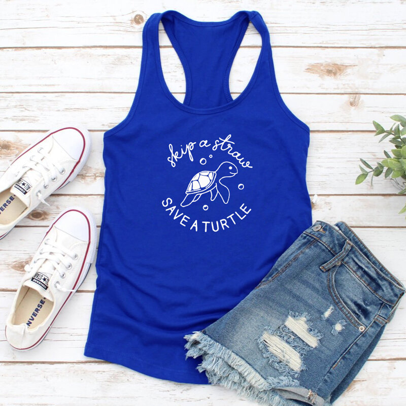 Women's Flowy Racerback Eco Tank Fashion Sleeveless Graphic Running Workout Yoga Shirt Vest Skip A Straw Save A Turtle Tank Tops
