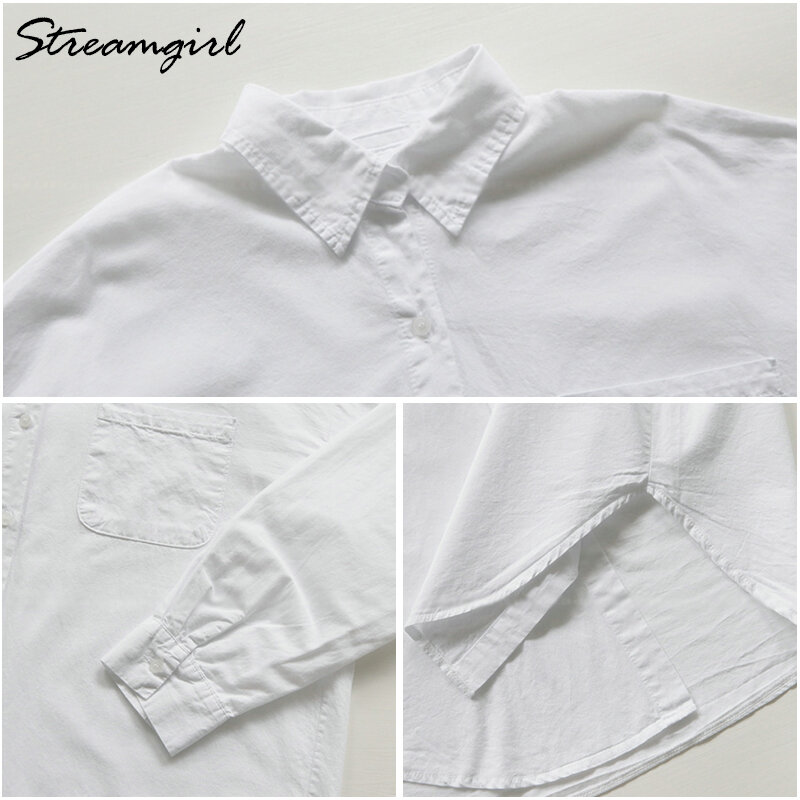 Streamgirl – tunique blanche pour femmes, chemise surdimensionnée, ample, manches longues, petit ami, vêtements coréens, chemisier de bureau, blanc
