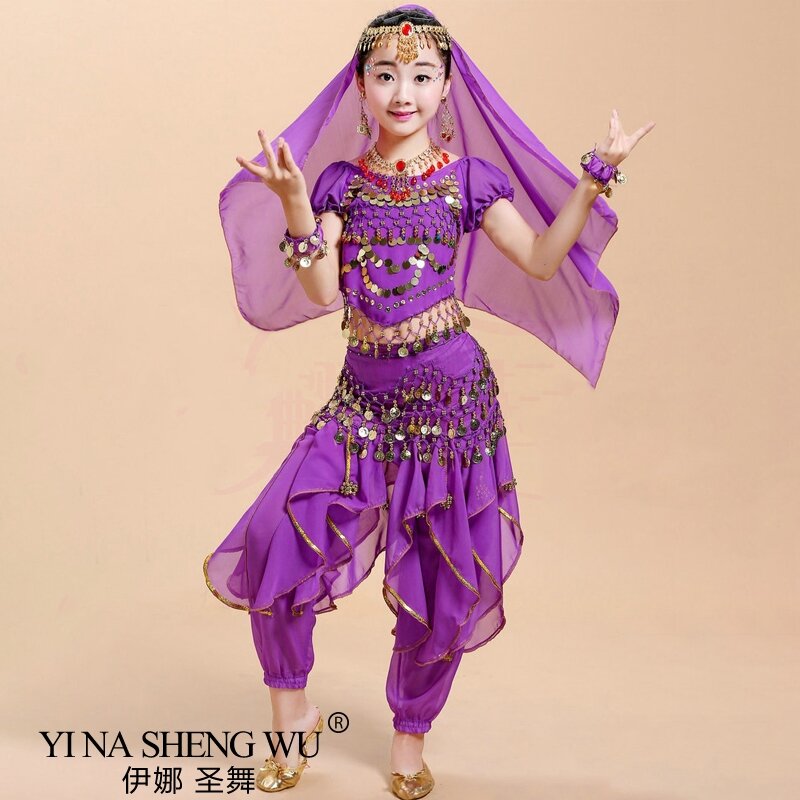 Conjunto de trajes de danza del vientre para niño y niña, ropa de danza Oriental India, 4 colores