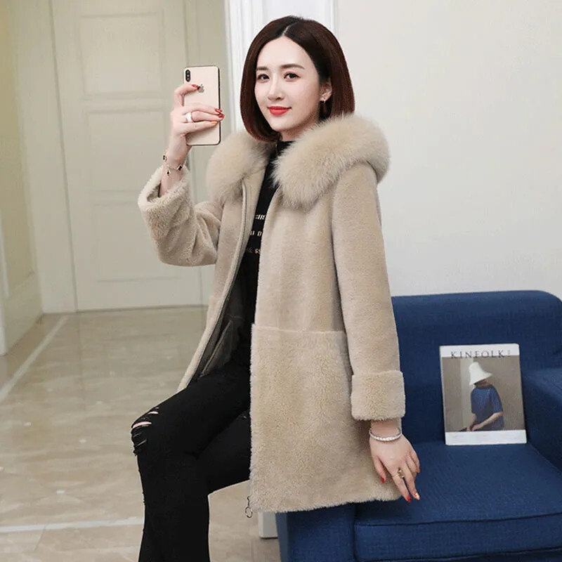 Feminino casaco de comprimento médio coreano solto pelúcia ovelha shearing jaqueta engrossado 2021 outono e inverno falso pele de cordeiro pelúcia m293