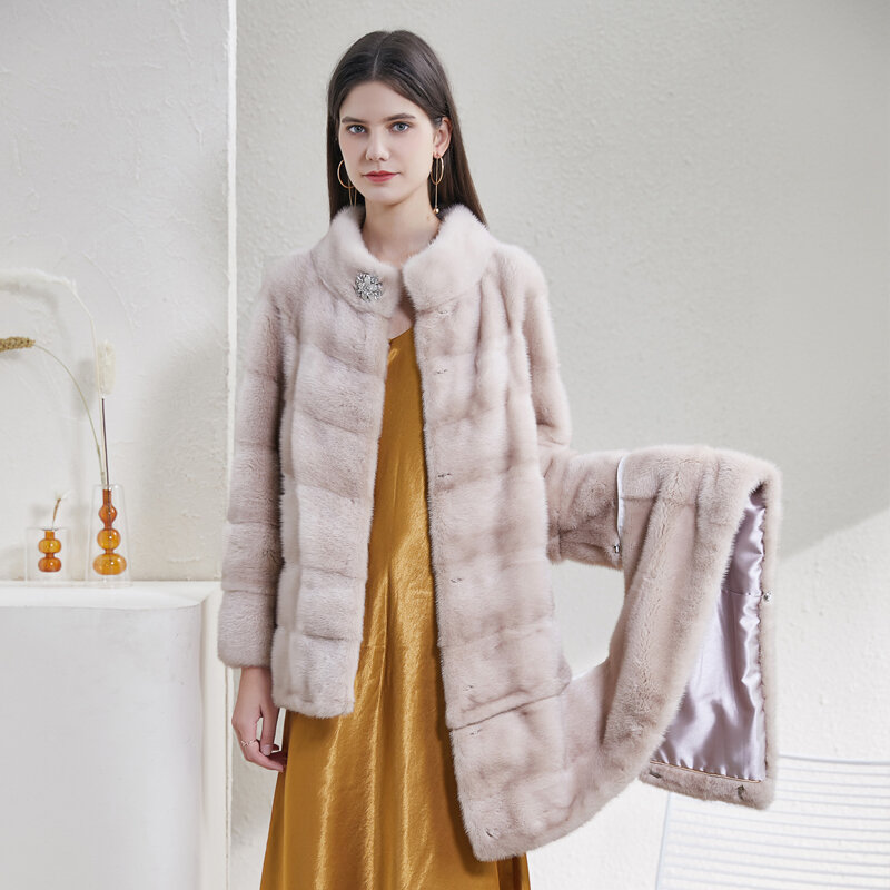 Casaco de pele de vison natural real, casaco feminino longo com manga removível e personalização de comprimento