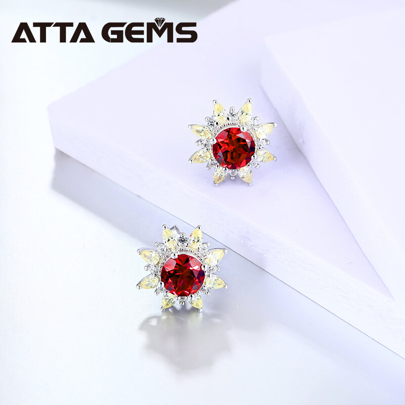 Ruby Sterling  Silver Stud Earring for Women Fine Jewelry 1.4 Created Ruby Yellow Zircon Romantic Style Gifts for Girls