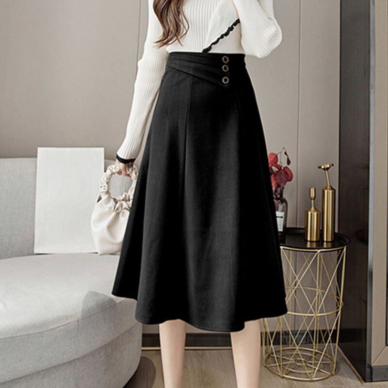 Women Korean Mid-Calf Skirts Ladies Autumn Fashion Casual High Waist A-Line Skirt Buttons Solid Slim Skirts Streetwear Female