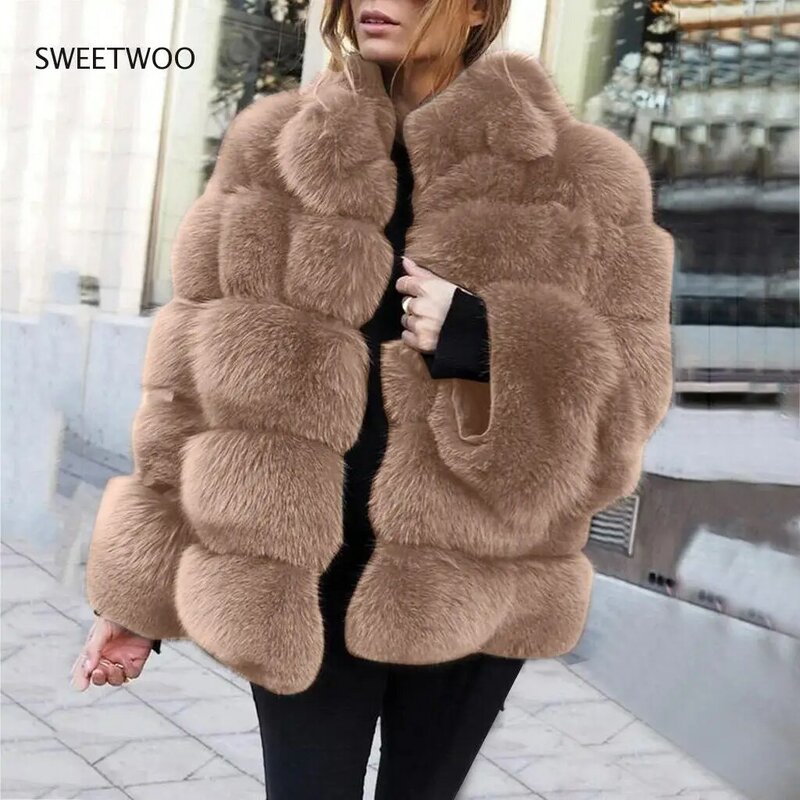 European and American Fashion Women's 2021 Faux Fur Coat, Female Faux Fox Fur Splicing Faux Fur Coat Elegant Thick Warm Jacket