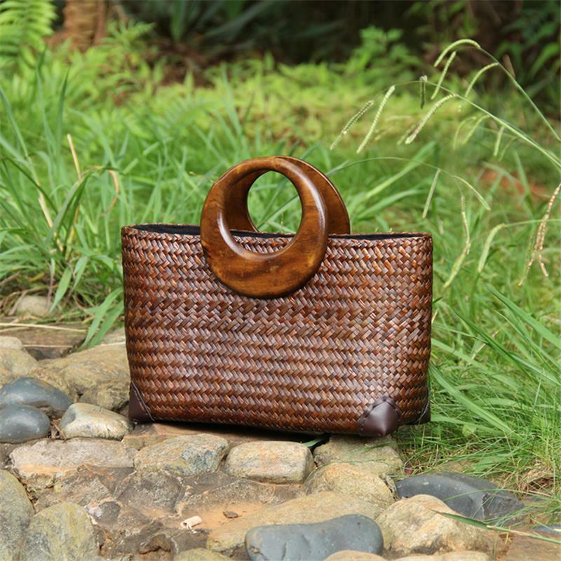 タイの手作り籐ハンドバッグ34x20cm,オリジナル,小,新鮮,新品,a6101
